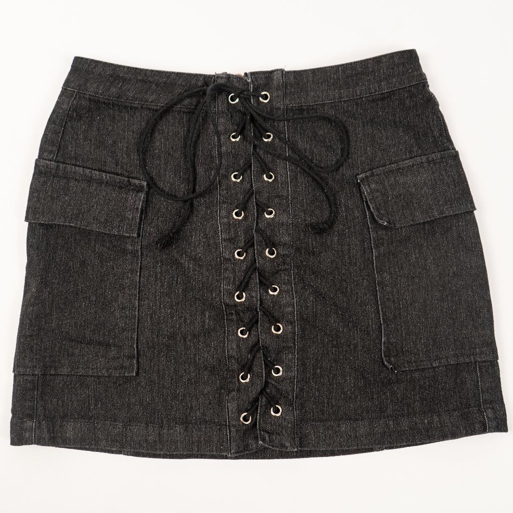 Signature8 Black Denim Lace Up Mini Skirt